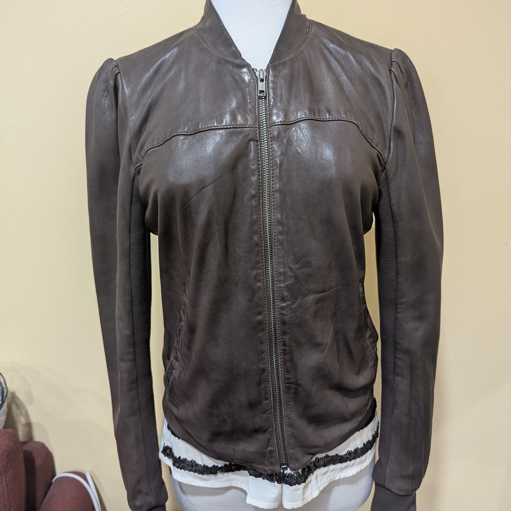 Hinge Genuine Leather Bomber Jacket – Brown – Size M Cropped Waist-Length
